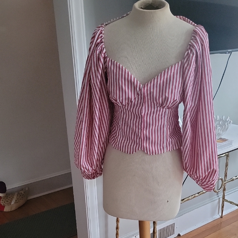 Striped Pink Puff-Sleeve Corset Top